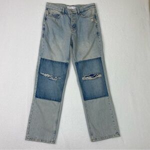 Topshop Men's Straight Jeans Size 30 x 30 Patchwork Distress Blue Denim Light